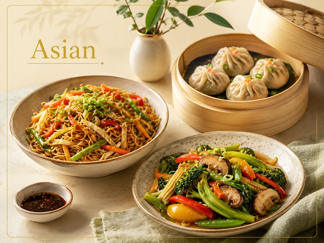 Asian vegetarian cuisine with noodles, dumplings and stir-fried vegetables