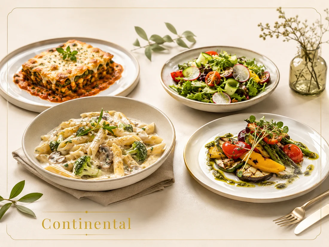 Continental vegetarian cuisine with pasta, salad and grilled vegetables