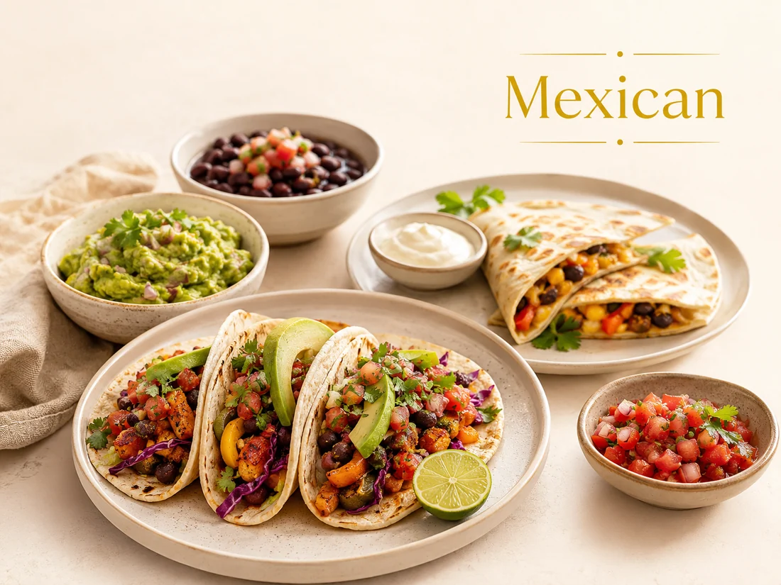 Mexican vegetarian cuisine with tacos, quesadillas, guacamole and salsa