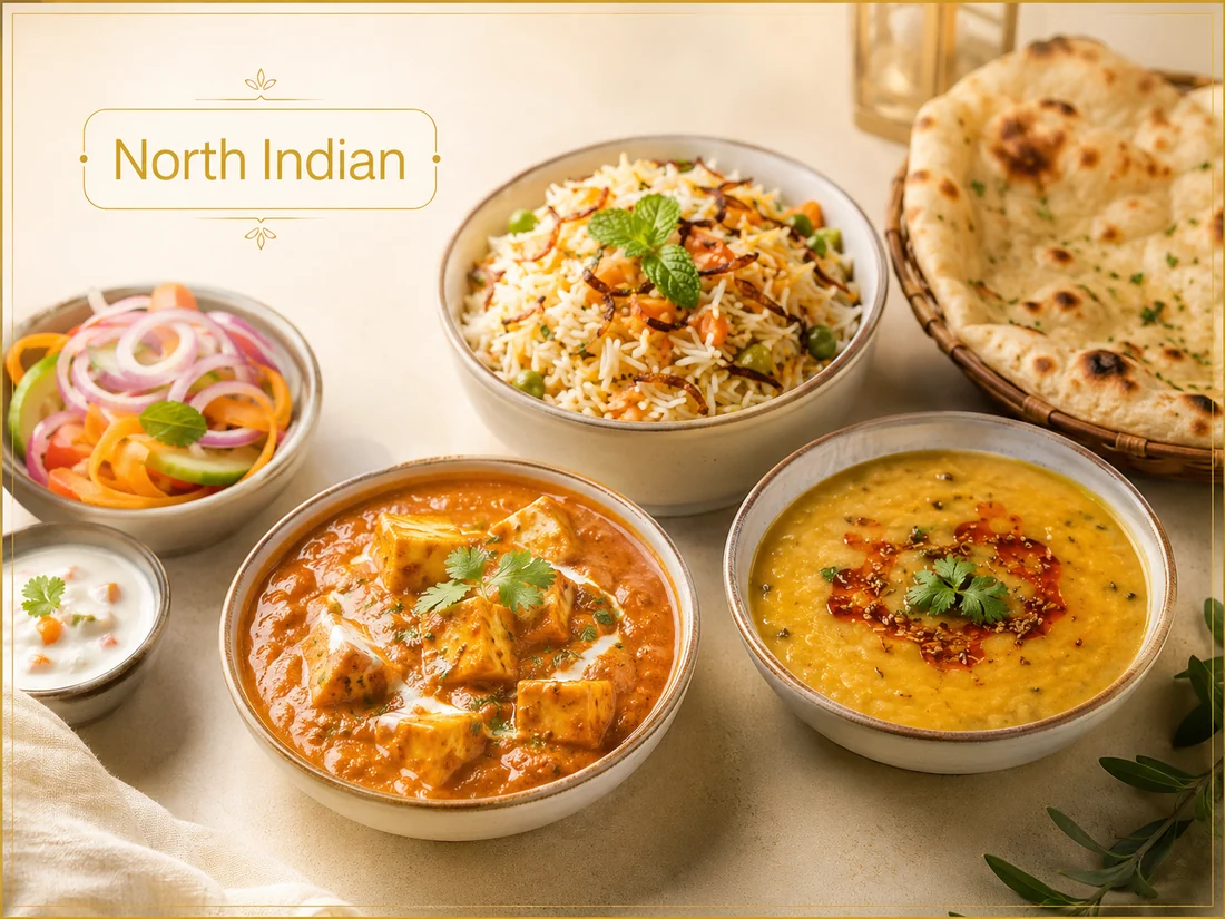 North Indian vegetarian cuisine with paneer curry, dal, rice and naan