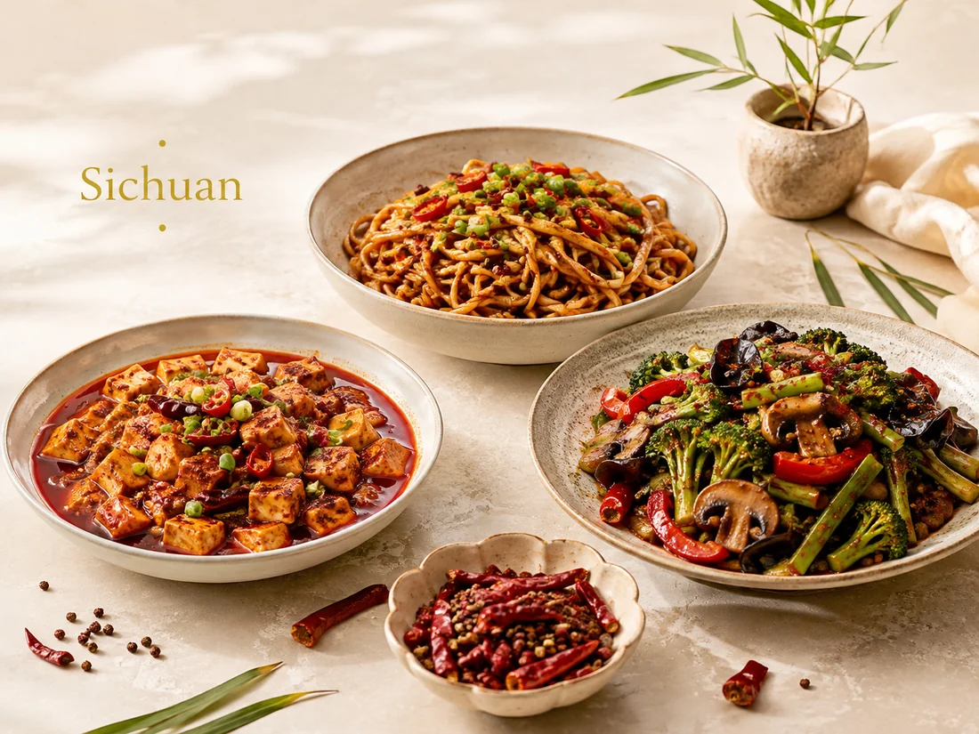 Sichuan vegetarian cuisine with spicy tofu, noodles and stir-fried vegetables